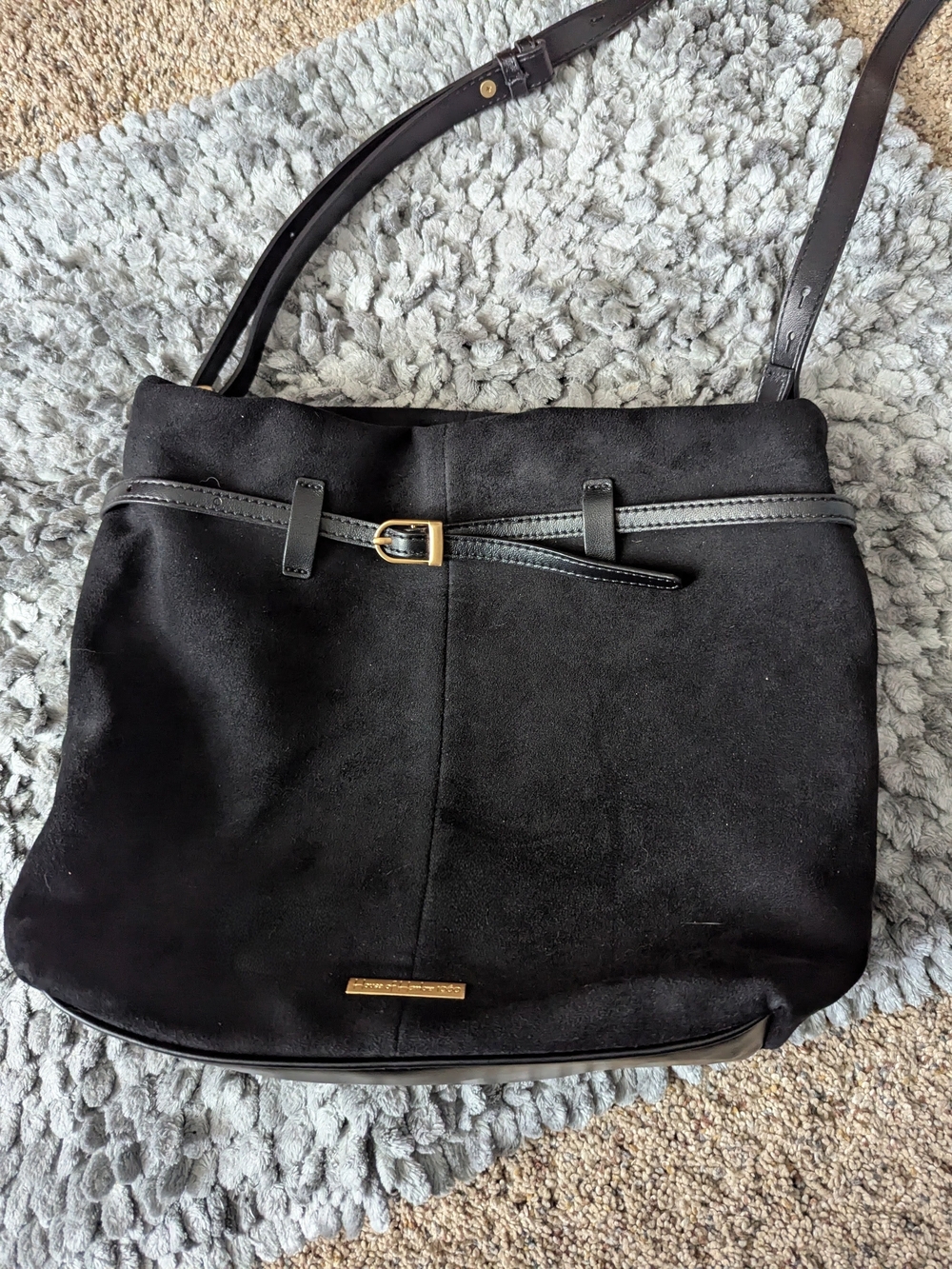 House of Harlow 1960 Black Suede Shoulder Bag with Gold Buckle